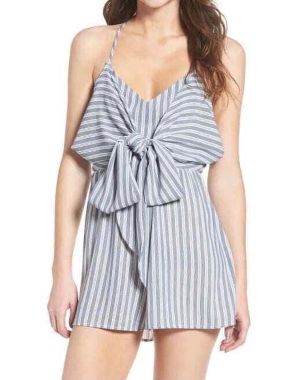 Show Me Your Mumu Blue White Stripe Bow Front Halter Romper Revolve Resortwear S